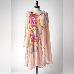 Yolanda Lorente VTG Hand Painted Silk long sleeve dress, floral, pink, S